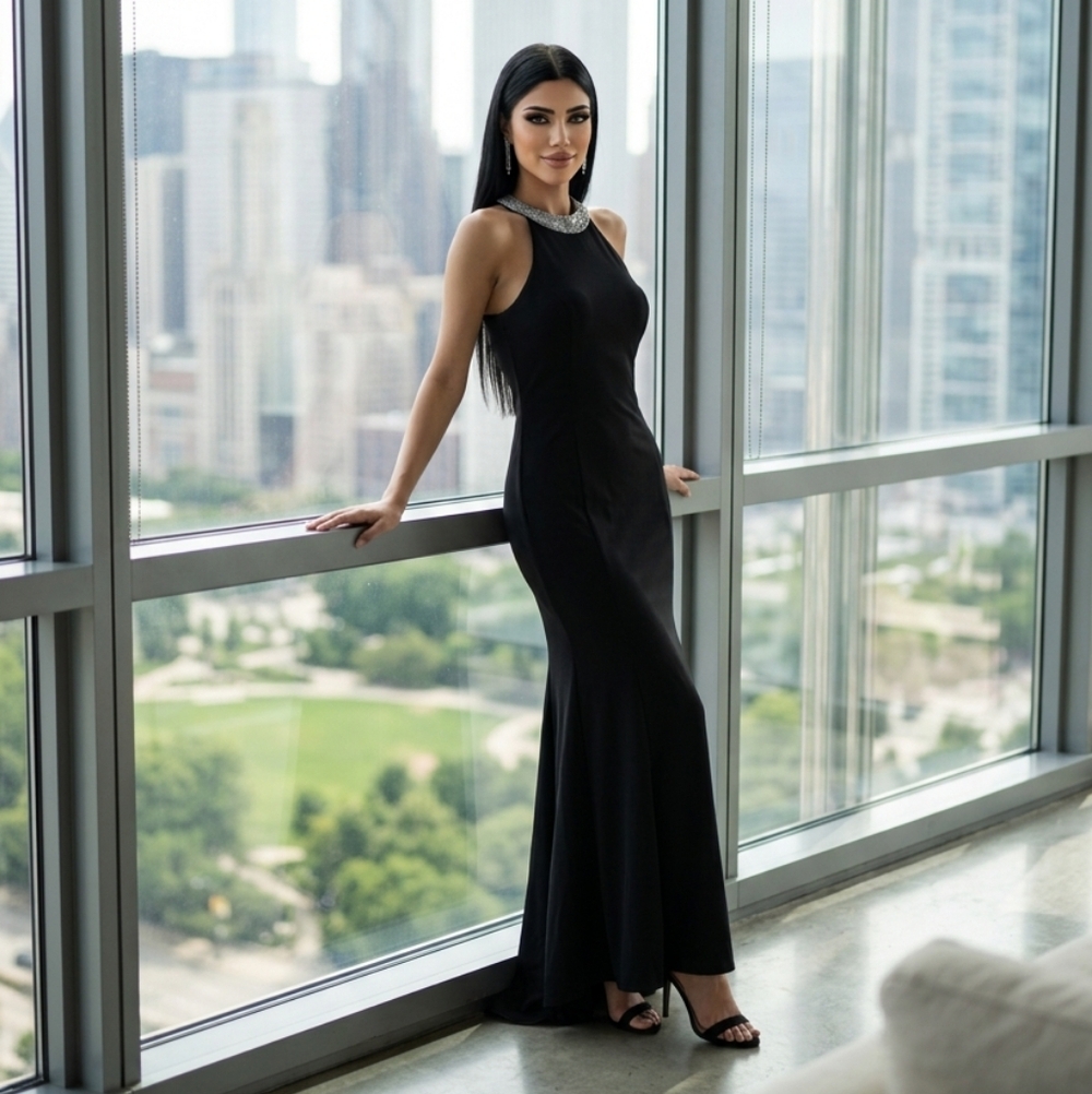 Calvin Klein Elegant Black Halter Evening Gown Silver 12 Prom Wedding Train